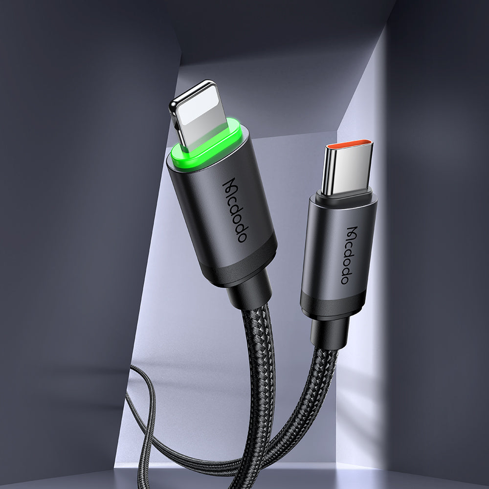 Cable Mcdodo USB-C a Lightning 36 W (1 m) – Carga Rápida PD 3 A + Datos 480 Mbps, con indicador led, Trenzado Resistente