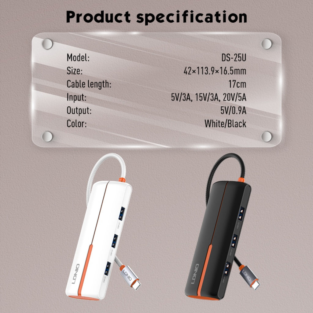 Hub 5 en 1 LDINO DS-25U – USB-C a USB 3.0 / USB 2.0 – Blanco