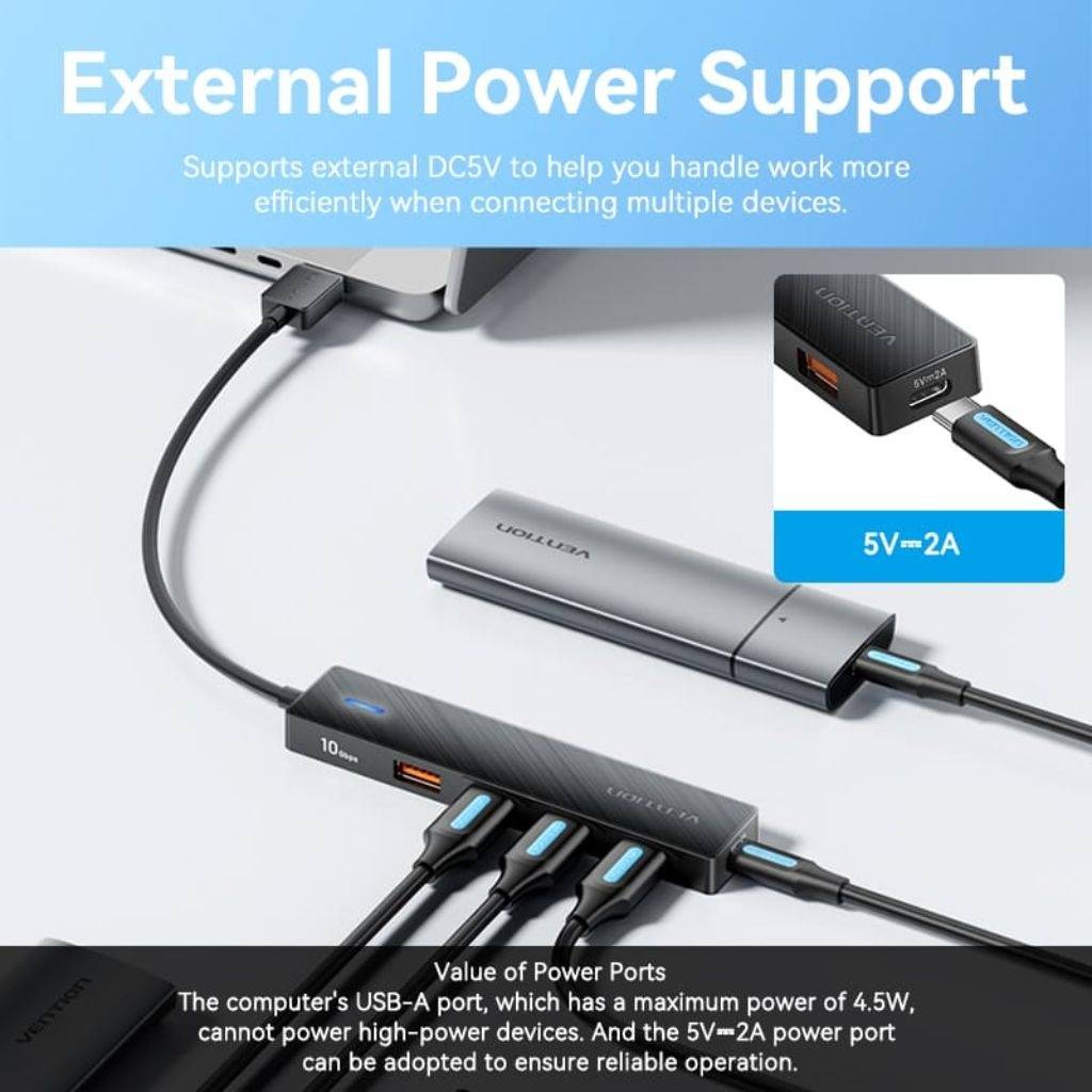 Hub 5 en 1 Vention – 4x USB-A + 1x USB-C, 10Gbps, 0.15m, Negro