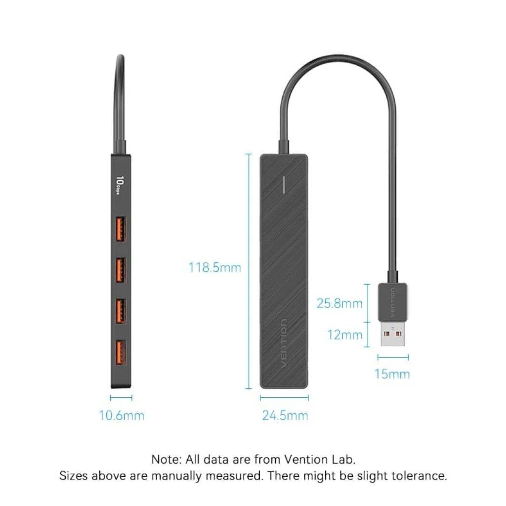 Hub 5 en 1 Vention – 4x USB-A + 1x USB-C, 10Gbps, 0.15m, Negro