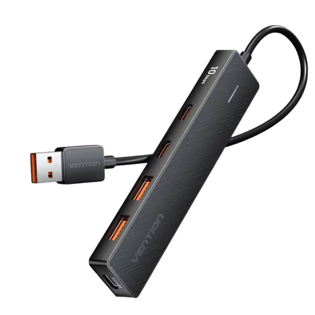 Hub 5 en 1 Vention – 4x USB-A + 1x USB-C, 10Gbps, 0.15m, Negro
