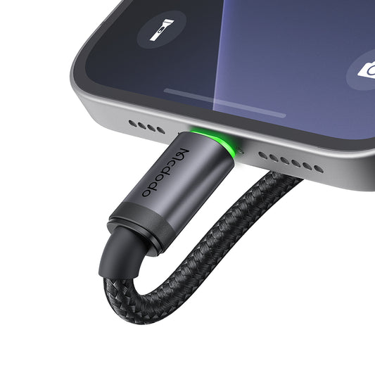 Cable Mcdodo USB-C a Lightning 36 W (1 m) – Carga Rápida PD 3 A + Datos 480 Mbps, con indicador led, Trenzado Resistente