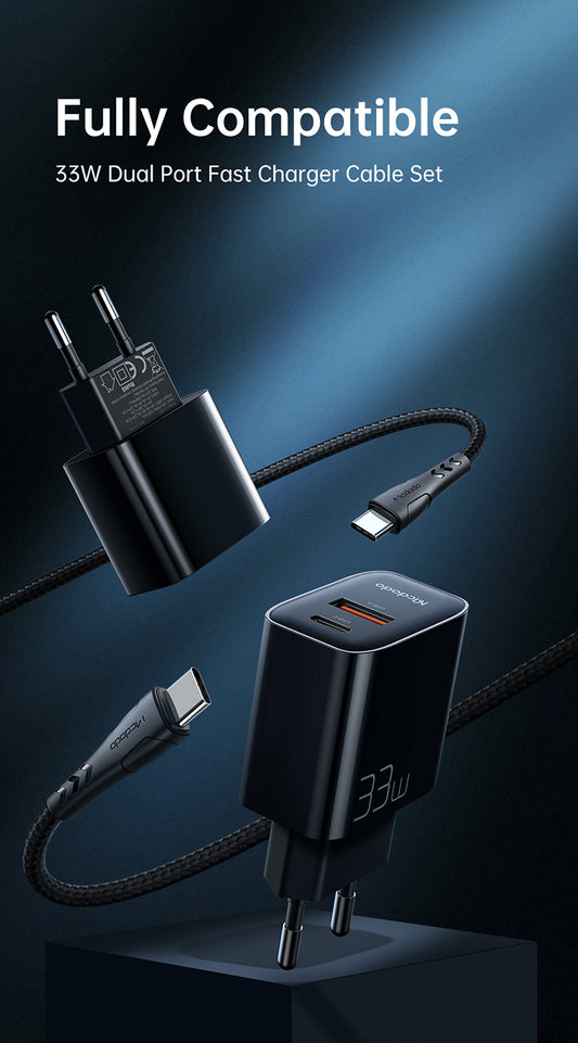 Cargador Mcdodo 33 W (USB-C + USB-A) + Cable USB-C 60 W 1.2 m – PD 3.0, QC 3.0, Kit Completo