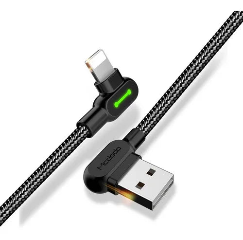 Cable Mcdodo Lightning para iPhone 90° – Carga Rápida 3 A, 1.8 m, indicador led,trenzado resistente