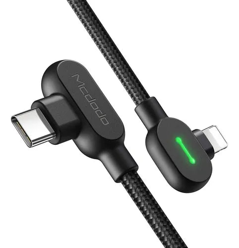 Cable Mcdodo USB-C a Lightning 90° 36 W 1.8 m – Carga Rápida PD + Datos 480 Mbps, indicador led y Trenzado Resistente