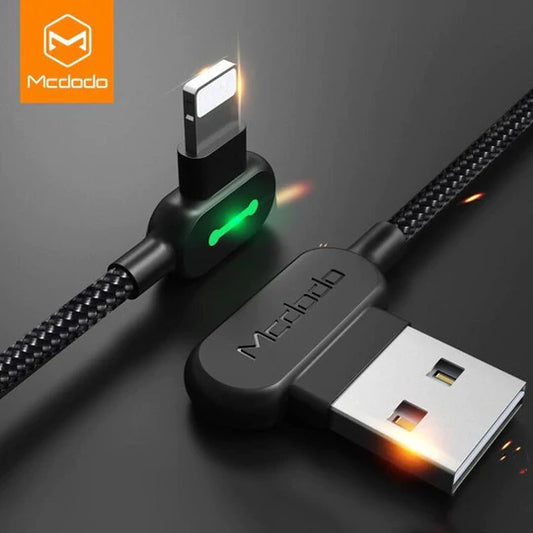 Cable Mcdodo Lightning para iPhone 90° – Carga Rápida 3 A, 1.8 m, indicador led,trenzado resistente
