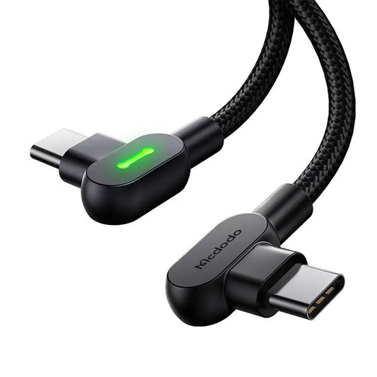 Cable Mcdodo USB-C a USB-C 90° 60 W 2 m – Carga Rápida PD 3 A, imdicador led,  Trenzado Resistente